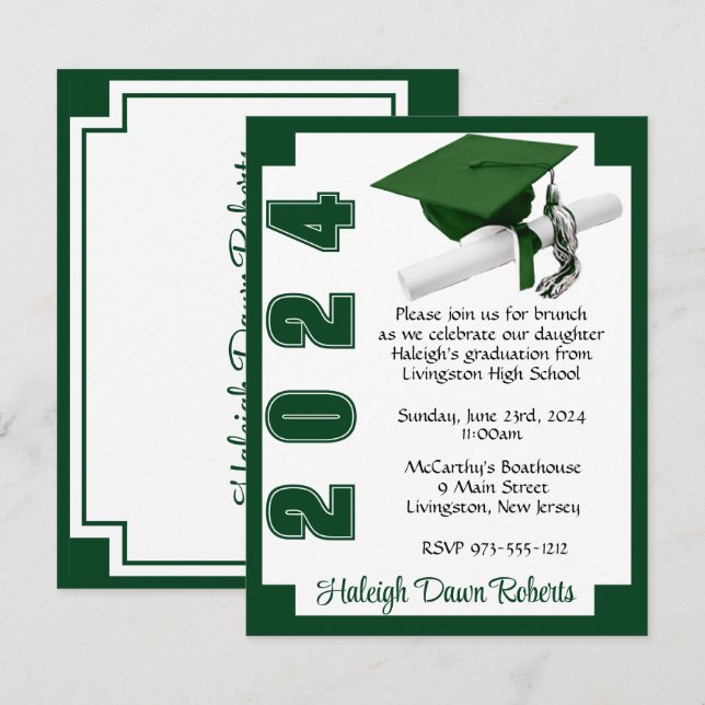Corner Block White & Green Graduation Invitation (Front/Back)