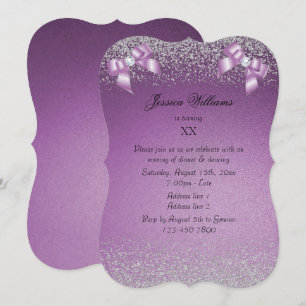 Corner Bow & Lilac Glitter Ombre Birthday Party Invitation