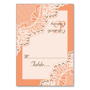 Corner lace with pearls coral wedding place card
