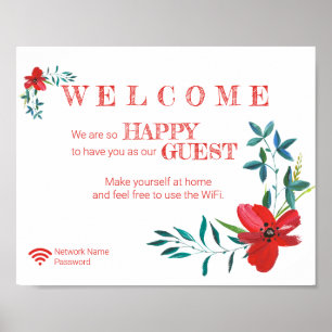 Corner Red Flowers Welcome Guest Wifi Password Poster