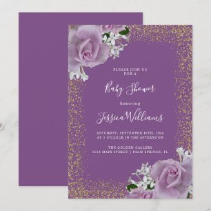 Corner Roses, Gold Glitter Baby Shower Party Invitation