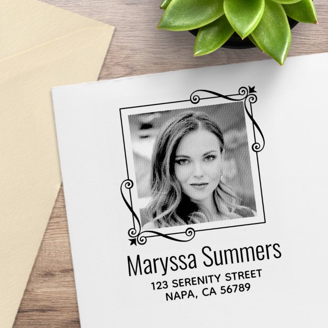 Corner Swirls Square Frame Custom Photo Address Rubber Stamp (Creator Uploaded)