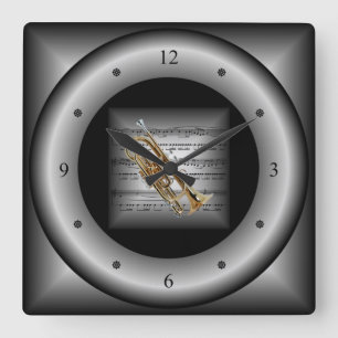 Cornet ~ 3D Sheet Music ~ Pillow Silver/Black BacK Square Wall Clock