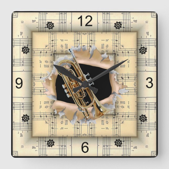 Cornet ~ Breaking Through ~ Strange Sheet Music ~  Square Wall Clock (Front)