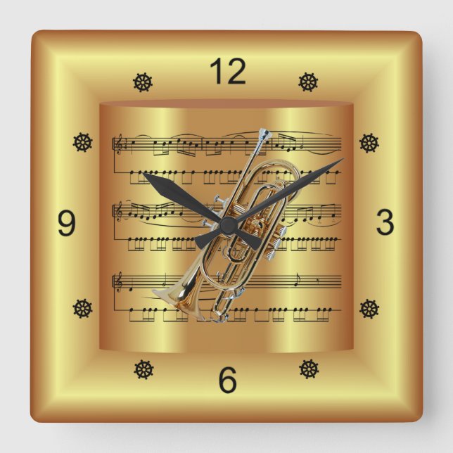 ~ Cornet ~ Curved Sheet Music ~ Gold Background ~  Square Wall Clock (Front)