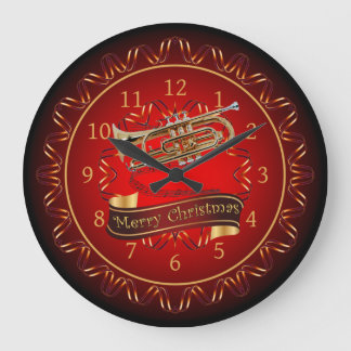 Cornet ~ Merry Christmas ~ Maroon & Black ~ Large Clock
