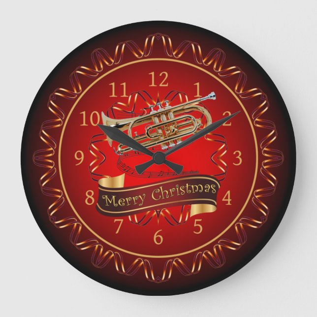 Cornet ~ Merry Christmas ~ Maroon & Black ~  Large Clock (Front)