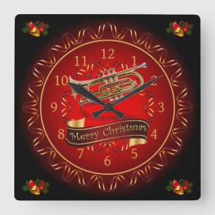 Cornet ~ Merry Christmas ~ Maroon & Black ~  Square Wall Clock
