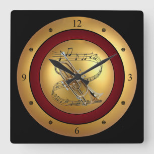 Cornet~Musical Scroll~Gold/Maroon/Black Background Square Wall Clock