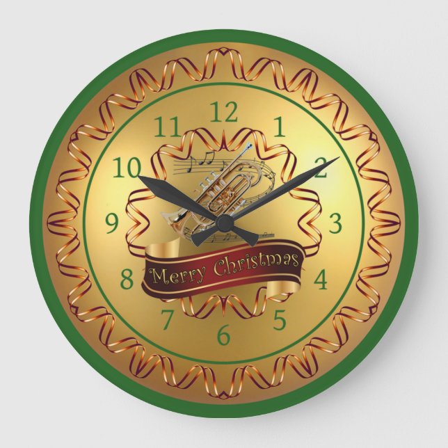 Cornet ~ Musical Scroll ~ “Merry Christmas” Large Clock (Front)