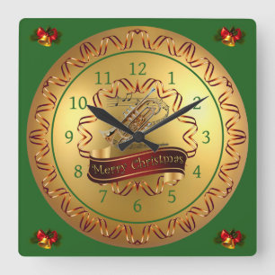 Cornet ~ Musical Scroll ~ “Merry Christmas”  Square Wall Clock