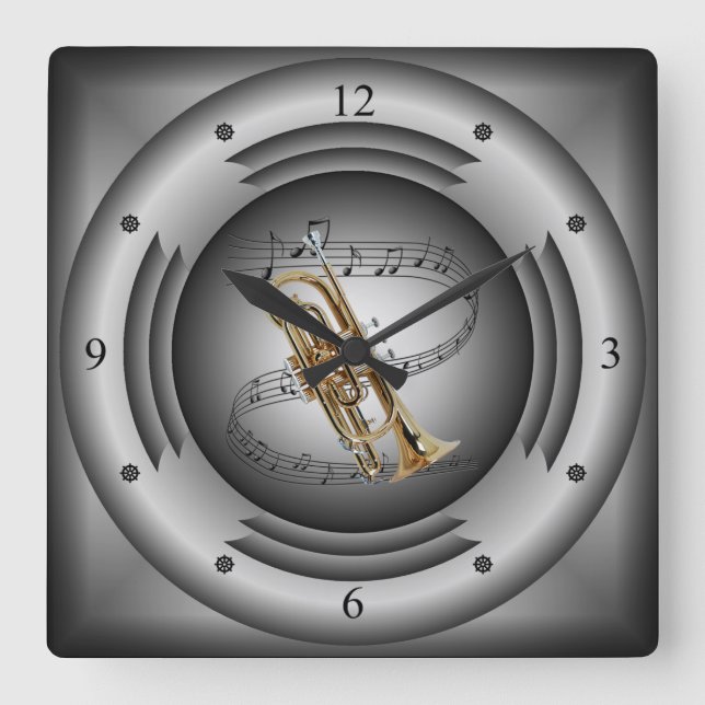 Cornet ~ Musical Scroll ~ Silver Speaker ~ Square Wall Clock (Front)