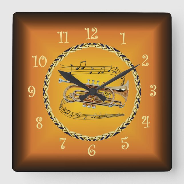 Cornet On Musical Scroll & Russet Orange ~  Square Wall Clock (Front)