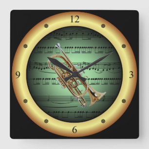 Cornet on Sheet Music ~ Green on Gold Background ~ Square Wall Clock