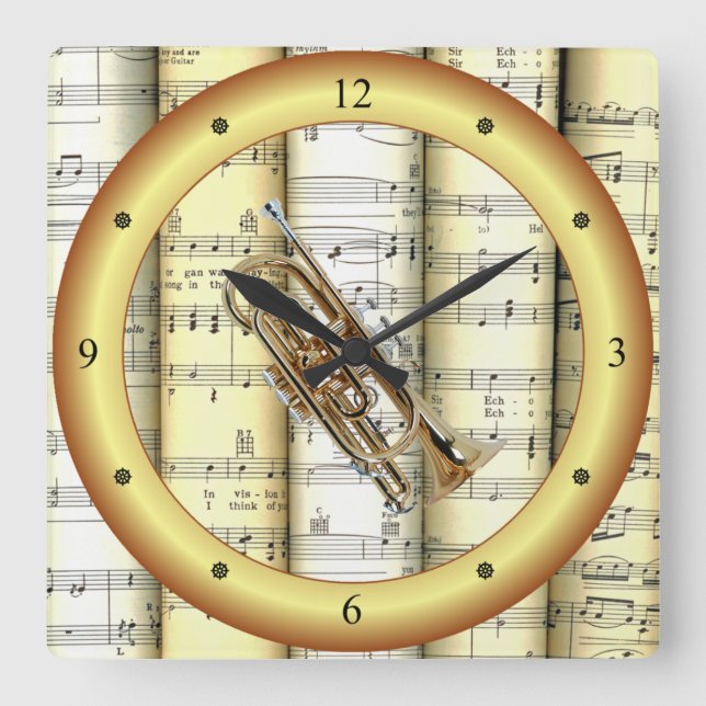 Cornet ~ Rolled Sheet Music ~ Gold Ring ~ * ~ Square Wall Clock (Front)