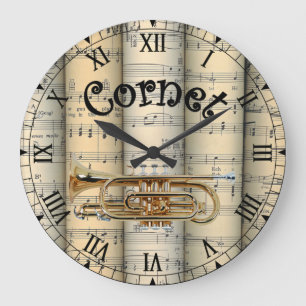 Cornet ~ Rolled Vintage Sheet Music ~ Unique ~ Large Clock