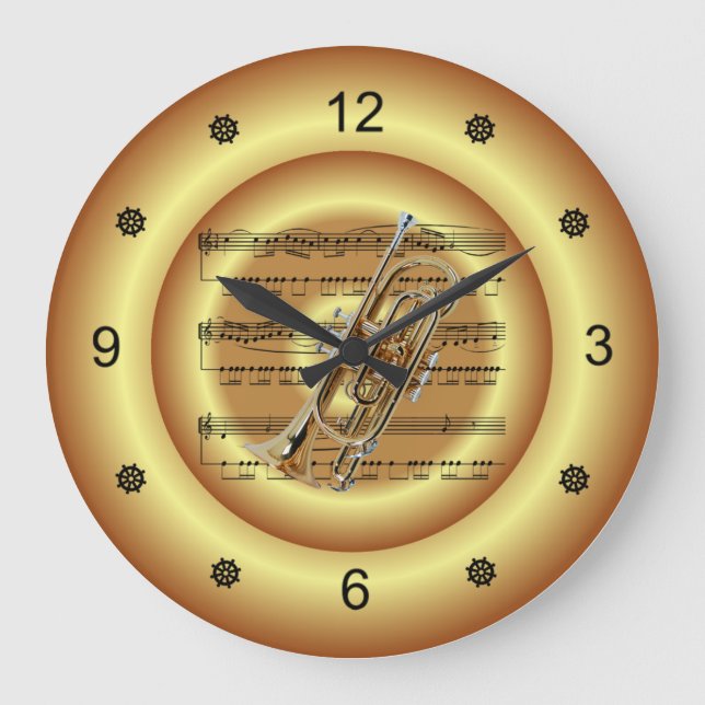 ~ Cornet ~  Sheet Music ~ Gold Background ~ Large Clock (Front)