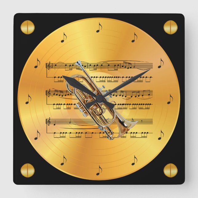 Cornet ~ Sheet Music ~ Gold Record ~ Square Wall Clock (Front)