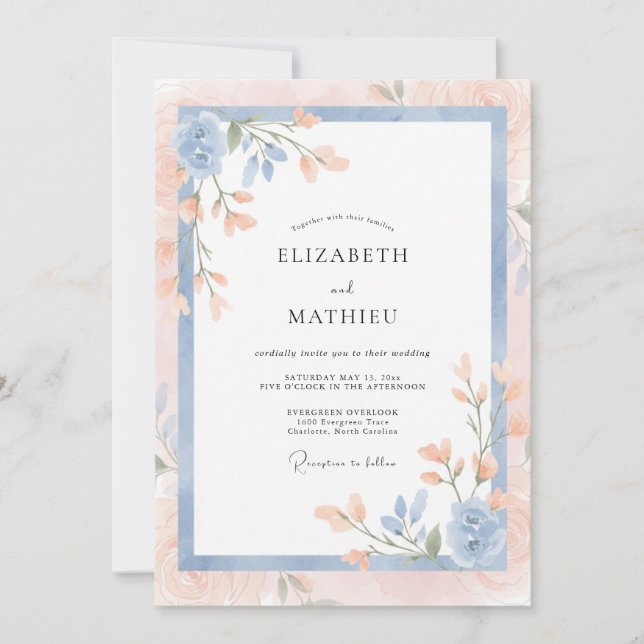 Cornflower Apricot Blossom Wedding Invitation (Front)