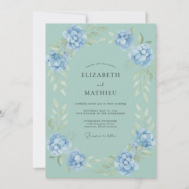 Cornflower Aqua Wreath Wedding Invitation (Front)