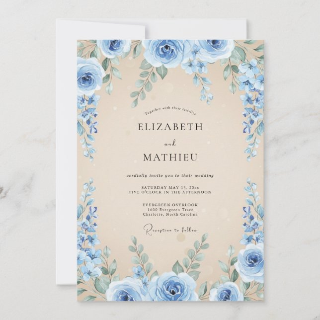 Cornflower Azure Foliage Eucalyptus Wedding Invitation (Front)