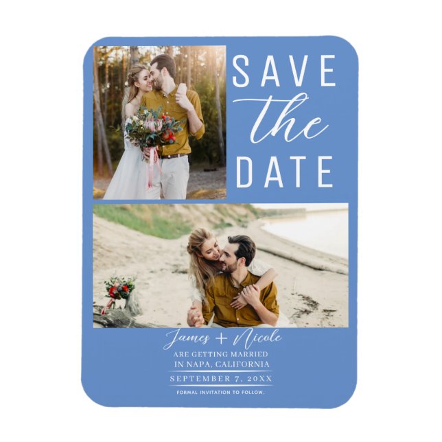 Cornflower Blue 2 Photos Save the Date Wedding Magnet (Vertical)