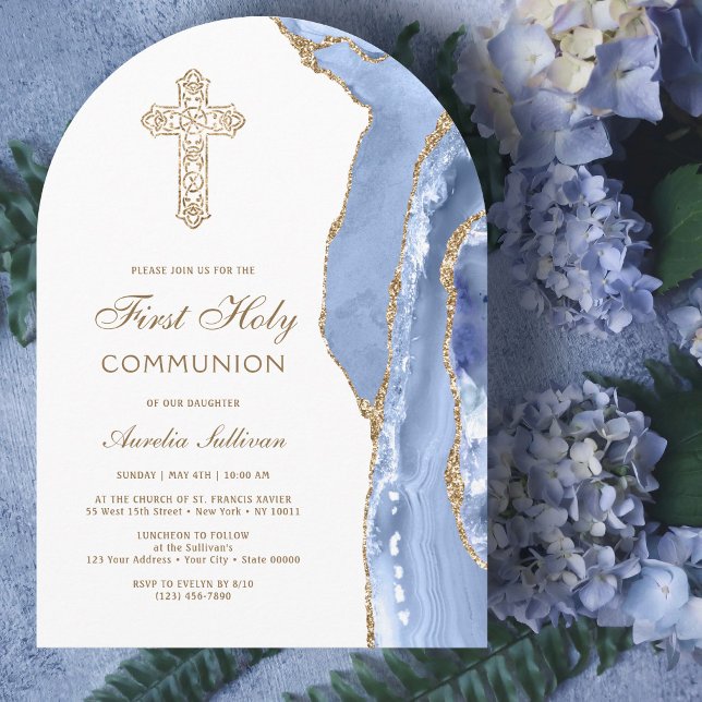 Cornflower Blue Agate First Communion Invitation (Creator Uploaded)