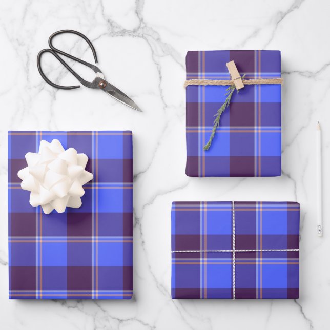 Cornflower Blue and Livid Brown Plaid Wrapping Paper Sheet (Front)