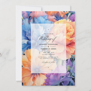 Cornflower Blue and Peach Floral Wedding Invitation