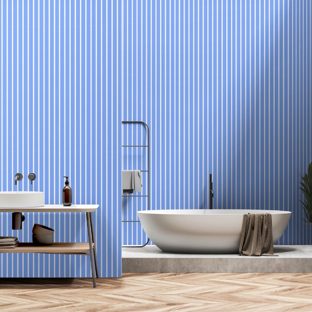 Cornflower Blue And White Large Butcher Stripe Wallpaper (Bathroom)