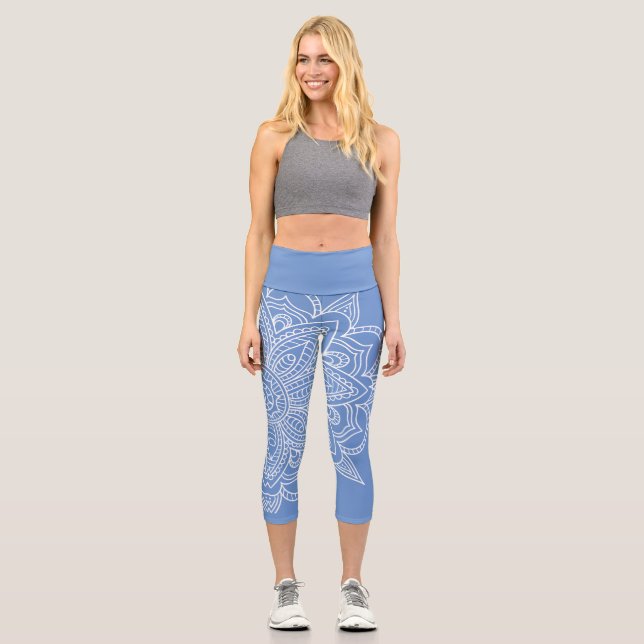 Cornflower Blue and White Mandala Yoga Capri  (Front)