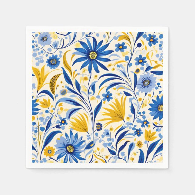 Cornflower Blue and Yellow Leaves Pattern Napkin (Front)