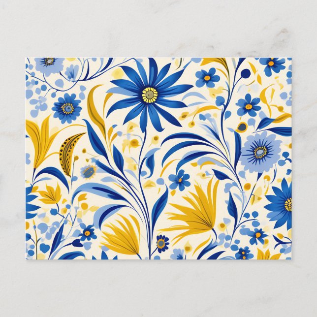 Cornflower Blue and Yellow Leaves Pattern Postcard (Front)