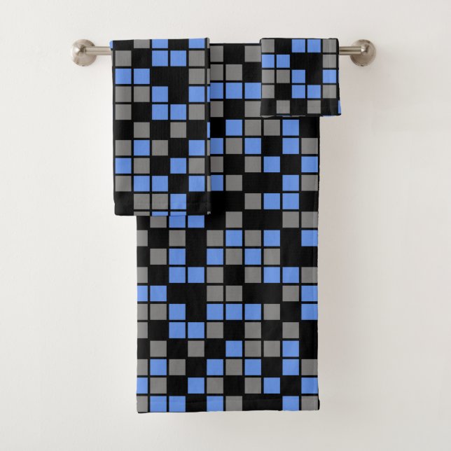 Cornflower Blue, Black, Grey Random Mosaic Squares Bath Towel Set (Insitu)