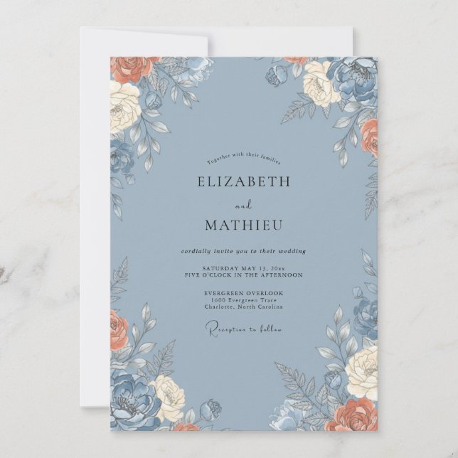 Cornflower Blue Botanical Watercolor Wedding Invitation (Front)