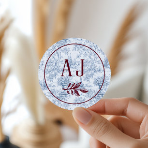 Cornflower Blue Burgundy Vintage Toile Wedding Classic Round Sticker