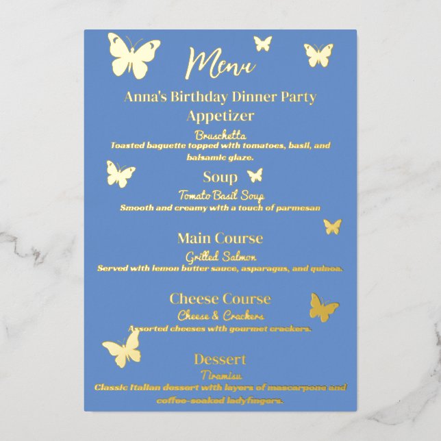 Cornflower Blue Butterfly-Themed Birthday Menu (Front)