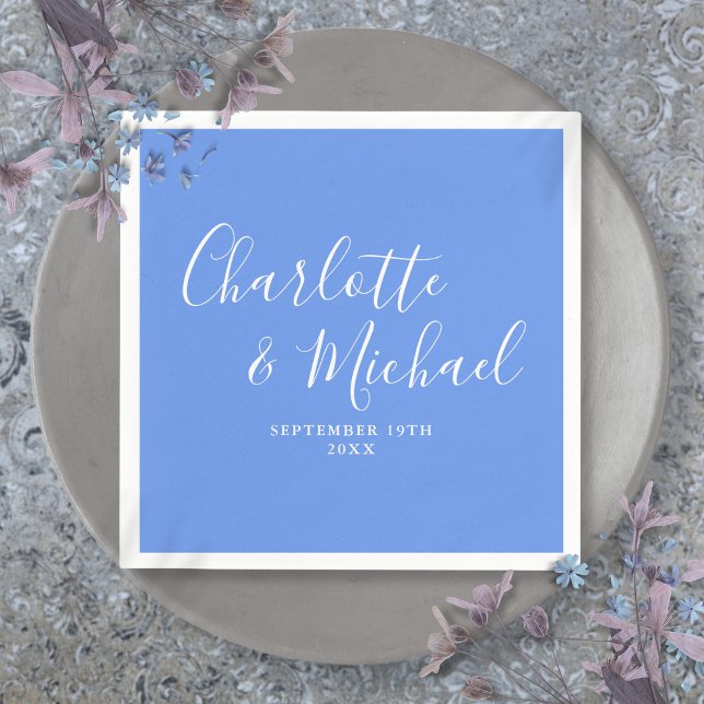 Cornflower Blue Elegant Modern Script Wedding Napkin (Cornflower Blue Elegant Modern Script Wedding Napkins)