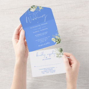 Cornflower Blue Floral Greenery Monogram Wedding All In One Invitation