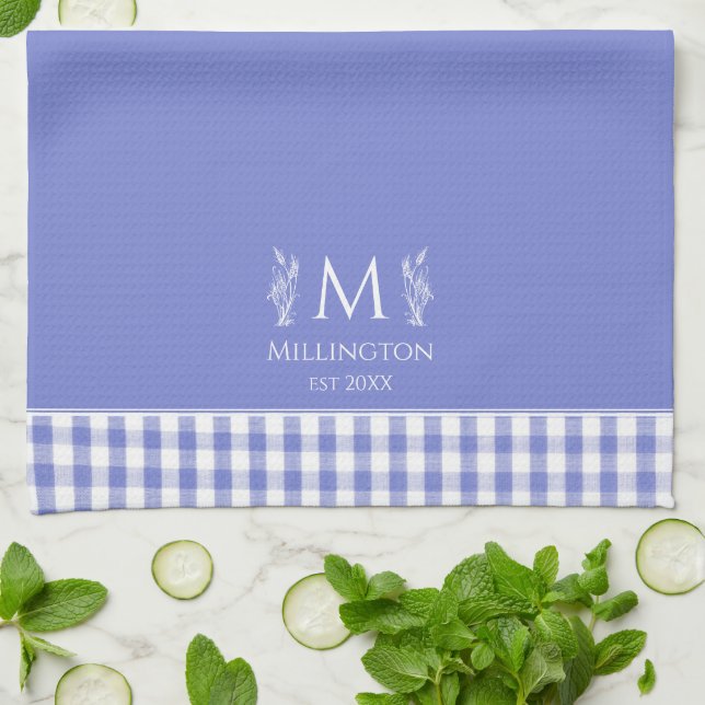 Cornflower Blue Gingham Personalised Custom Name Tea Towel (Folded)