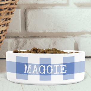 Cornflower Blue Gingham Plaid Personalised Dog Bowl