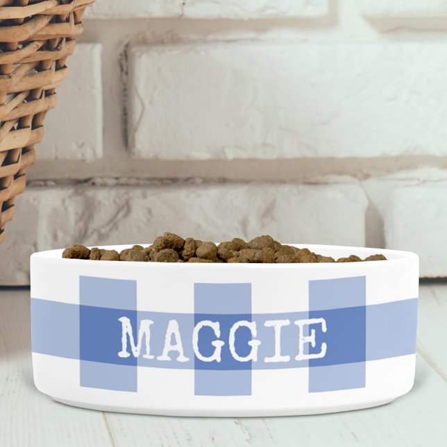 Cornflower Blue Gingham Plaid Personalised Dog Bowl (Creator Uploaded)