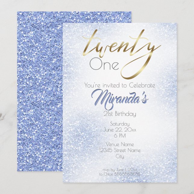 Cornflower Blue Glitter and Gold 21st Invitation (Front/Back)