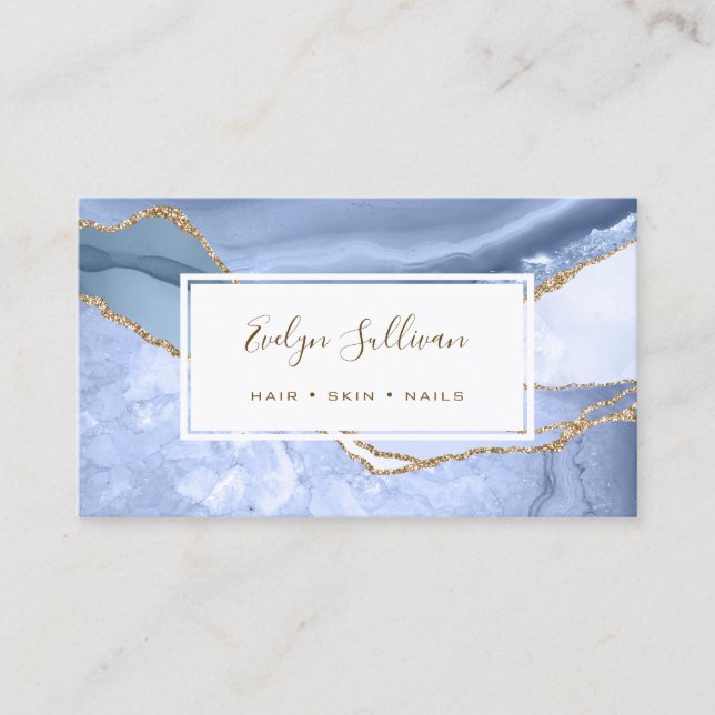 cornflower blue gold glitter agate business card (Front)