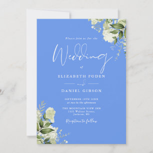 Cornflower Blue Greenery Leaves Monogram Wedding Invitation