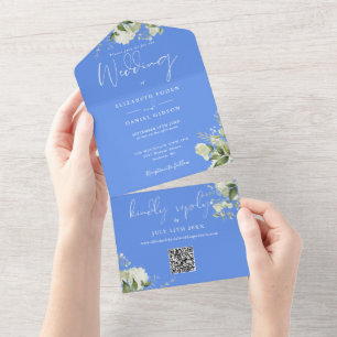Cornflower Blue Greenery QR Code Monogram Wedding All In One Invitation