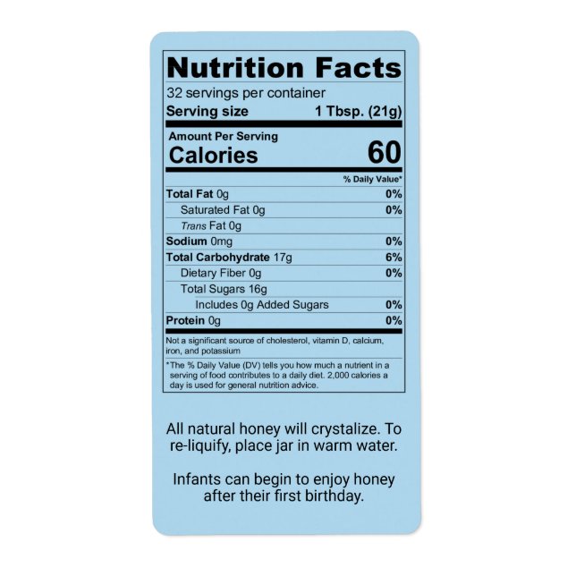 Cornflower Blue Honey Jar Nutrition Facts (Front)