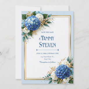 Cornflower Blue Hydrangea Gold Frame Wedding Invitation