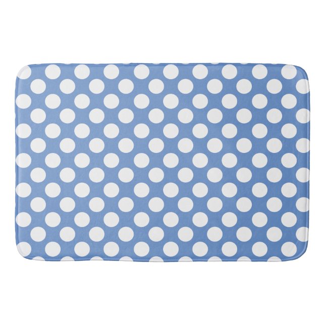 Cornflower Blue: Large white Polka Dot Pattern Bath Mat (Front)