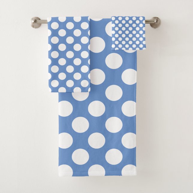 Cornflower Blue: Large white Polka Dot Pattern Bath Towel Set (Insitu)